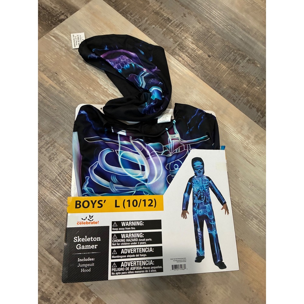 Way to Celebrate Boys Skeleton Gamer Costume Jumpsuit Hood Blue L 10/12 NEW